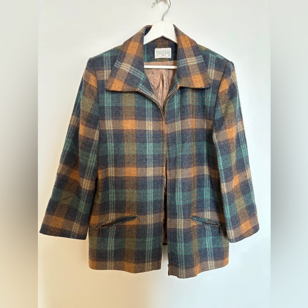 Vintage Plaid Pea Coat in Teal, Brown & Mustard - Picture 8 of 10